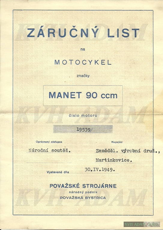 Záruční list motocykl Manet 90 ccm